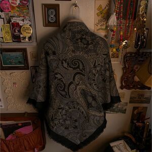 Vintage Paisley Tapestry Print Shawl Wrap Scarf Fringe Navy Blue Bohemian